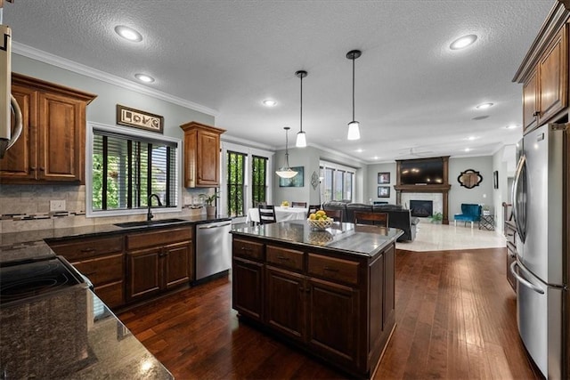 16642 W 165th St, Olathe, KS 66062 - kitchen with appliances with stainless steel finishes, a fireplace, open floor plan, dark wood-style floors, and ornamental molding