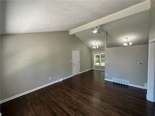 806 Lea Dr, Lees Summit, MO 64081 - unfurnished living room featuring ceiling fan, dark wood finished floors, a chandelier, and a textured ceiling