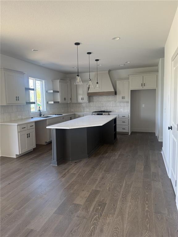 9011 N Colorado Ave, Kansas City, MO 64156 - kitchen with open shelves, custom exhaust hood, dark wood finished floors, a kitchen island, and decorative backsplash