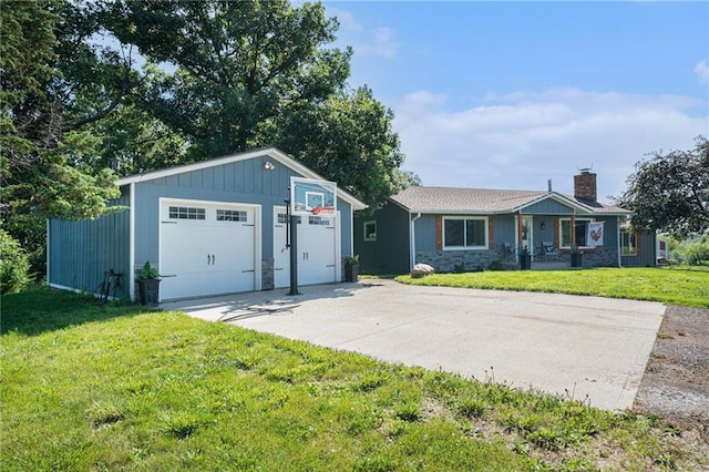 37156 State Hwy N, Barnard, MO 64423 - single story home with a garage, a chimney, stone siding, a front lawn, and an outdoor structure