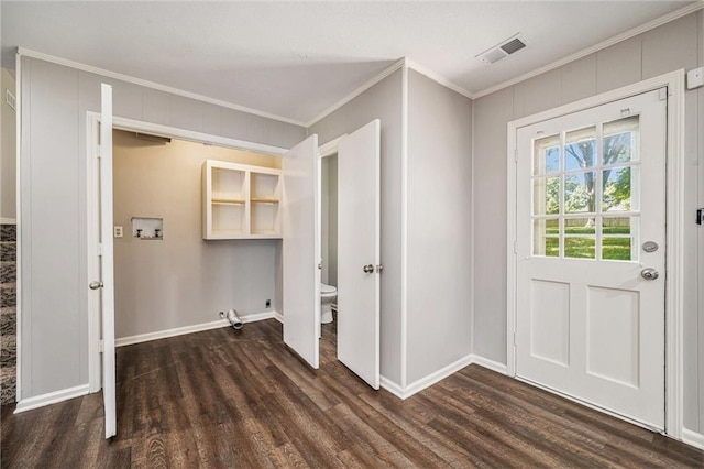 109 NE Locust St, Blue Springs, MO 64014 - washroom with hookup for a washing machine, dark wood finished floors, and crown molding
