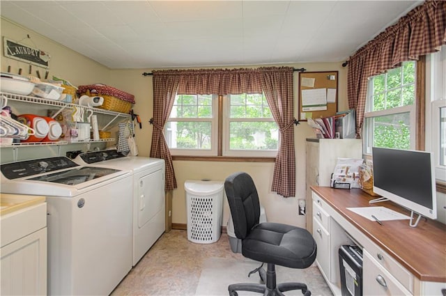 328 E 4th St, Lawson, MO 64062 - laundry room featuring washer and dryer, plenty of natural light, cabinet space, and a desk