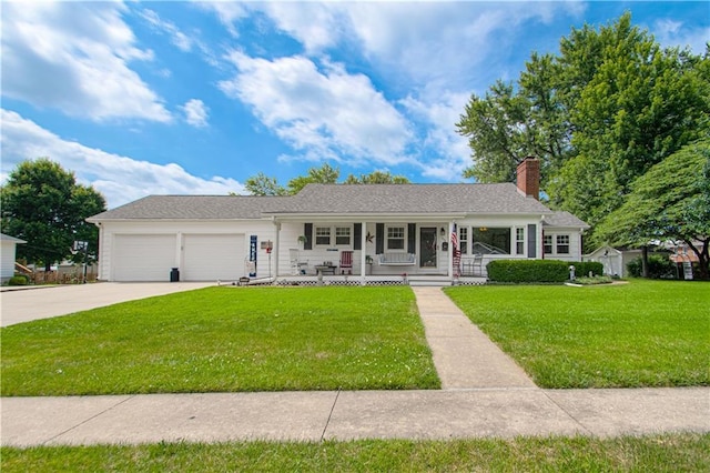 328 E 4th St, Lawson, MO 64062 - view of front facade with a porch, an attached garage, a chimney, concrete driveway, and a front yard