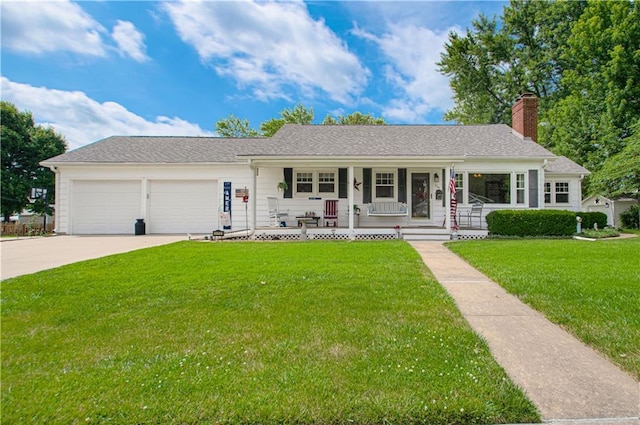 328 E 4th St, Lawson, MO 64062 - single story home with a garage, covered porch, concrete driveway, a front lawn, and a chimney