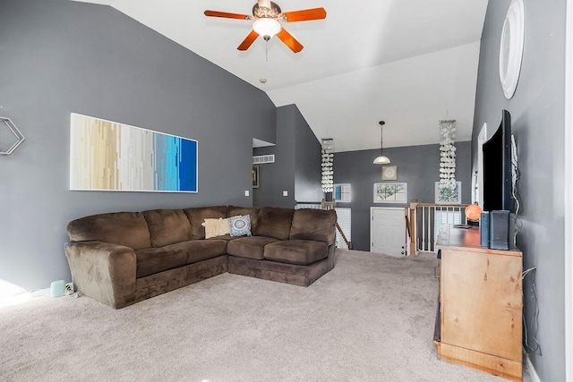 1311 Honeysuckle Ct, Liberty, MO 64068 - living room with a ceiling fan, carpet flooring, and high vaulted ceiling