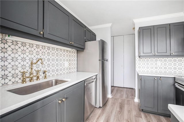 2525 Main St Unit 305, Kansas City, MO 64108 - kitchen featuring stainless steel dishwasher, light wood-style floors, light countertops, tasteful backsplash, and crown molding