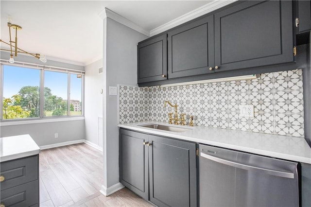 2525 Main St Unit 305, Kansas City, MO 64108 - kitchen featuring stainless steel dishwasher, ornamental molding, light countertops, backsplash, and decorative light fixtures