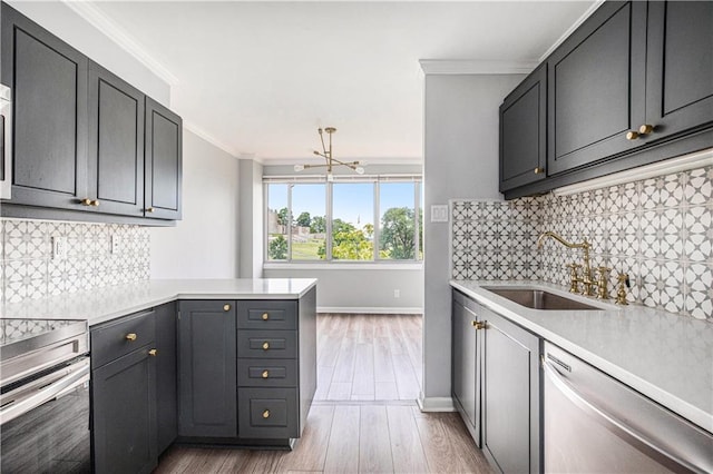 2525 Main St Unit 305, Kansas City, MO 64108 - kitchen featuring stove, dishwasher, light countertops, ornamental molding, and a peninsula