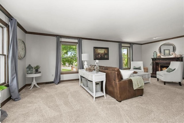 601 Darrow St, Warrensburg, MO 64093 - living room featuring ornamental molding, light carpet, healthy amount of natural light, and a lit fireplace
