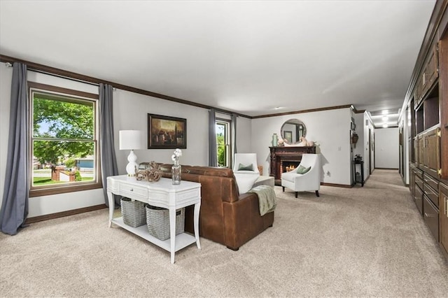 601 Darrow St, Warrensburg, MO 64093 - living room with light carpet, ornamental molding, and a lit fireplace