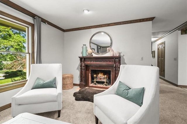 601 Darrow St, Warrensburg, MO 64093 - living area with carpet, crown molding, and a brick fireplace