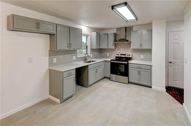 12825 E 50th Ter S, Independence, MO 64055 - kitchen with electric range, wall chimney exhaust hood, gray cabinetry, and decorative backsplash