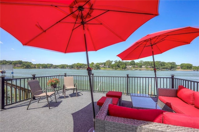 22 Emerald Shore Dr, Lake Tapawingo, MO 64015 - view of patio featuring outdoor lounge area and a water view
