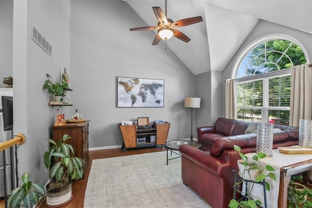 2125 SW Post Oak Rd, Lees Summit, MO 64082 - living room with lofted ceiling, a ceiling fan, and wood finished floors
