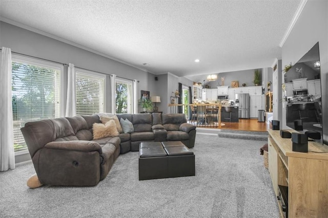 2125 SW Post Oak Rd, Lees Summit, MO 64082 - carpeted living room with a textured ceiling, ornamental molding, and recessed lighting