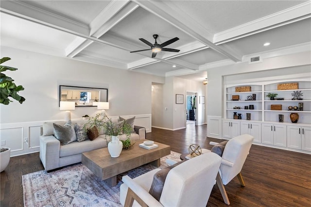 1424 E Meadow Ln, Olathe, KS 66062 - living room featuring dark wood finished floors, ceiling fan, coffered ceiling, beam ceiling, and recessed lighting