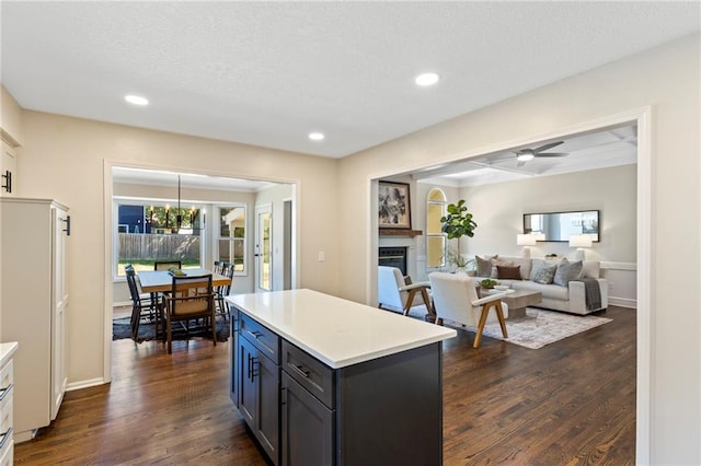 1424 E Meadow Ln, Olathe, KS 66062 - kitchen with dark wood-style flooring, light countertops, a glass covered fireplace, a kitchen island, and a ceiling fan