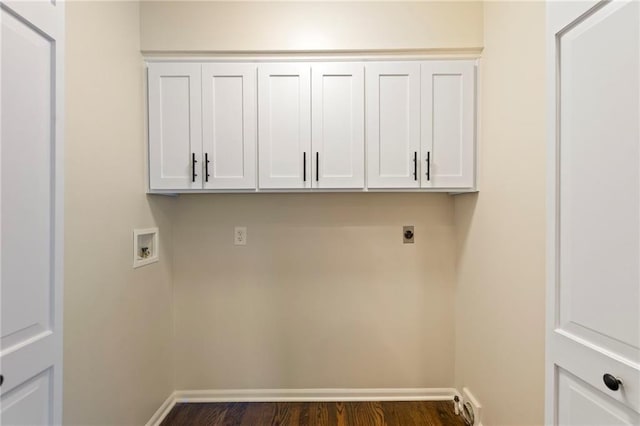 1424 E Meadow Ln, Olathe, KS 66062 - laundry area with hookup for a washing machine, electric dryer hookup, cabinet space, and dark wood-style flooring