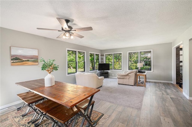 12419 Askew Dr, Grandview, MO 64030 - dining room featuring a textured ceiling, hardwood / wood-style flooring, a ceiling fan, and healthy amount of natural light