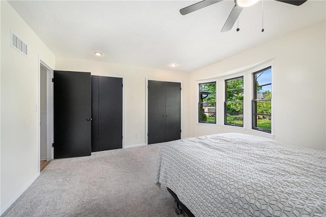 12419 Askew Dr, Grandview, MO 64030 - bedroom with carpet, two closets, ceiling fan, and recessed lighting