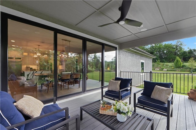 23717 W 118th Ter, Olathe, KS 66061 - wooden deck with an outdoor living space, ceiling fan, and outdoor dining area