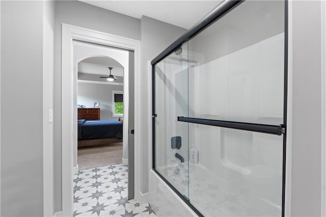 23717 W 118th Ter, Olathe, KS 66061 - bathroom with tile patterned floors, bath / shower combo with glass door, connected bathroom, and ceiling fan