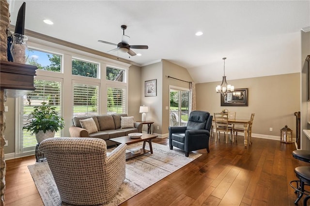1415 SW Antiquity Dr, Lees Summit, MO 64081 - living area with a ceiling fan, hardwood / wood-style floors, a chandelier, recessed lighting, and ornamental molding