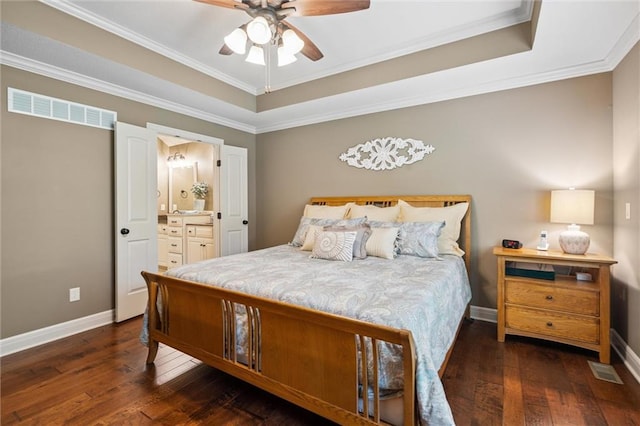 1415 SW Antiquity Dr, Lees Summit, MO 64081 - bedroom with a tray ceiling, hardwood / wood-style floors, ornamental molding, ensuite bath, and ceiling fan