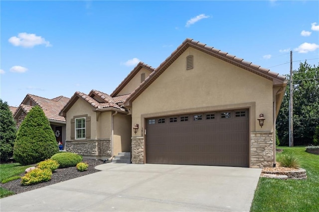 1415 SW Antiquity Dr, Lees Summit, MO 64081 - view of front of home with stone siding, stucco siding, an attached garage, and driveway