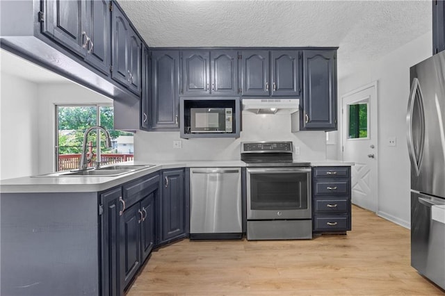 600 W Powahatan Ct, Independence, MO 64056 - kitchen featuring stainless steel appliances, under cabinet range hood, a peninsula, a textured ceiling, and light wood finished floors