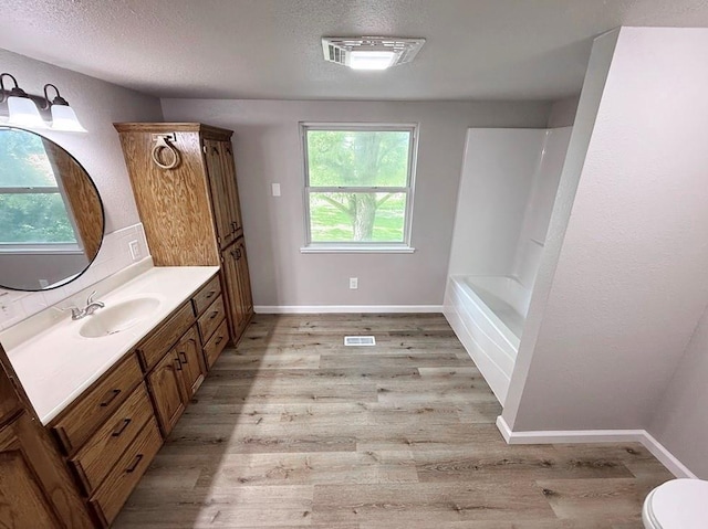622 Morgan Dr, Stockton, MO 65785 - bathroom featuring healthy amount of natural light, vanity, wood finished floors, and a textured ceiling