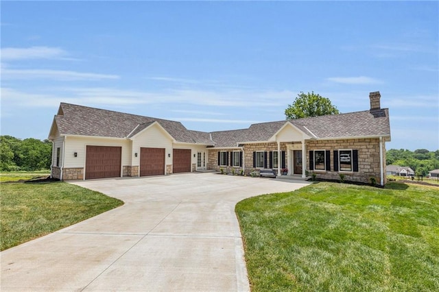 12811 W 71st St, Shawnee, KS 66216 - view of front of house with stone siding, an attached garage, concrete driveway, a front yard, and a chimney