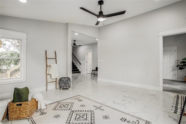 1975 Parallel Pkwy, Kansas City, KS 66104 - living area with a ceiling fan, marble finish floors, recessed lighting, and stairway