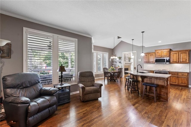 16369 S Woodstone Dr, Olathe, KS 66062 - living area with ornamental molding, dark wood-style floors, lofted ceiling, and a textured ceiling