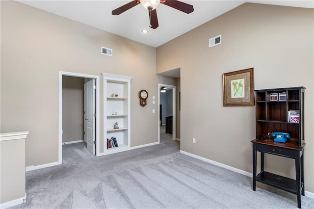 16369 S Woodstone Dr, Olathe, KS 66062 - unfurnished bedroom featuring high vaulted ceiling, carpet, and ceiling fan