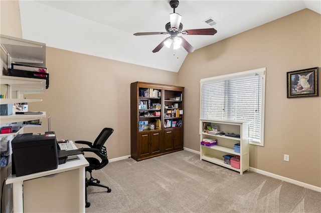 16369 S Woodstone Dr, Olathe, KS 66062 - office area featuring lofted ceiling, ceiling fan, and light colored carpet