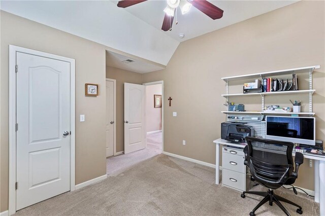 16369 S Woodstone Dr, Olathe, KS 66062 - office area featuring carpet, a ceiling fan, and lofted ceiling