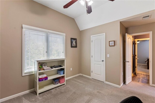 16369 S Woodstone Dr, Olathe, KS 66062 - bedroom with carpet, vaulted ceiling, and ceiling fan