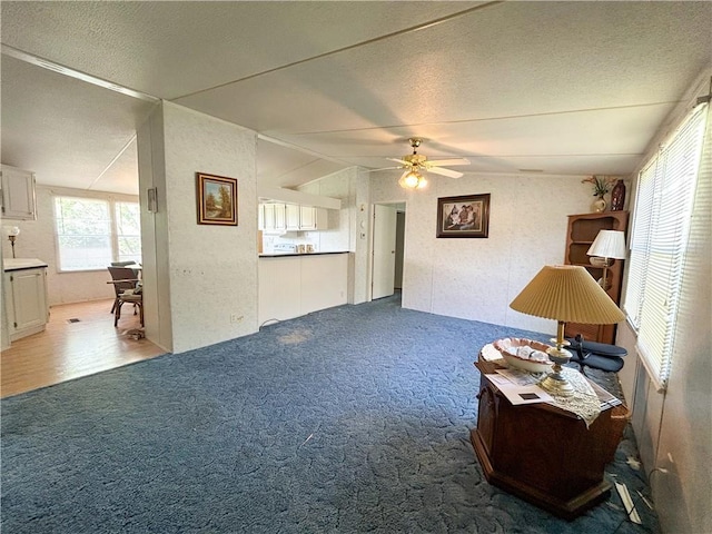 122 Fairway Dr, Mound City, KS 66056 - living area with carpet, ceiling fan, and a textured ceiling