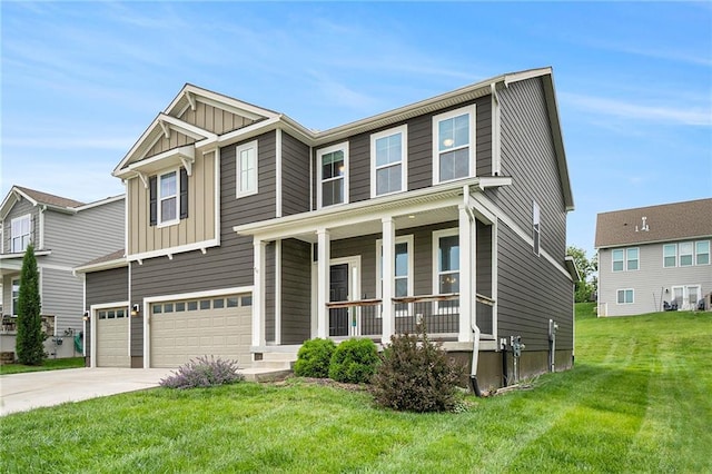 14446 Houston St, Olathe, KS 66061 - view of front facade with covered porch, a garage, board and batten siding, and concrete driveway