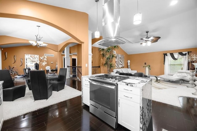 7103 E 159th St, Belton, MO 64012 - kitchen with stainless steel electric range, island exhaust hood, arched walkways, open floor plan, and dark wood finished floors