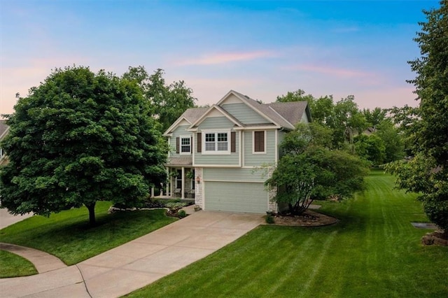 14155 W 147th Ter, Olathe, KS 66062 - craftsman-style home with driveway, a lawn, a garage, and stone siding