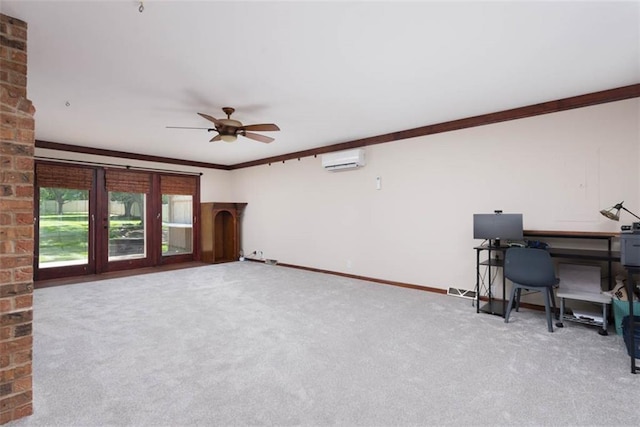 3147 N 131st St, Kansas City, KS 66109 - unfurnished office featuring a wall mounted air conditioner, ceiling fan, carpet, and ornamental molding