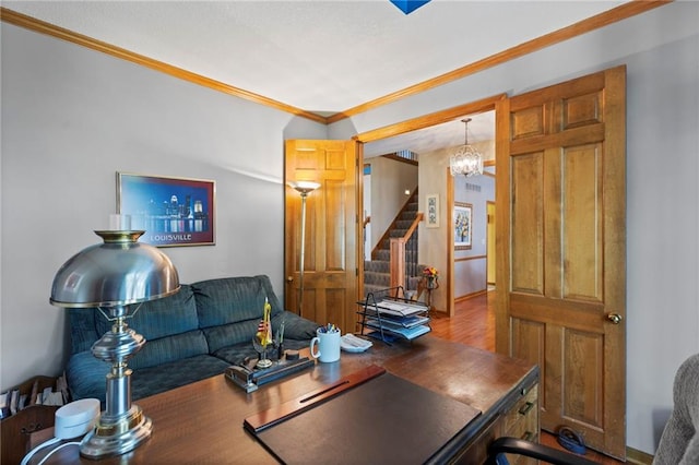 11808 W 128th St, Overland Park, KS 66213 - home office with crown molding, a chandelier, and wood finished floors