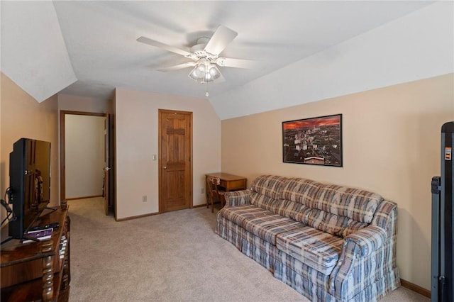 11808 W 128th St, Overland Park, KS 66213 - living area featuring light carpet, a ceiling fan, and vaulted ceiling