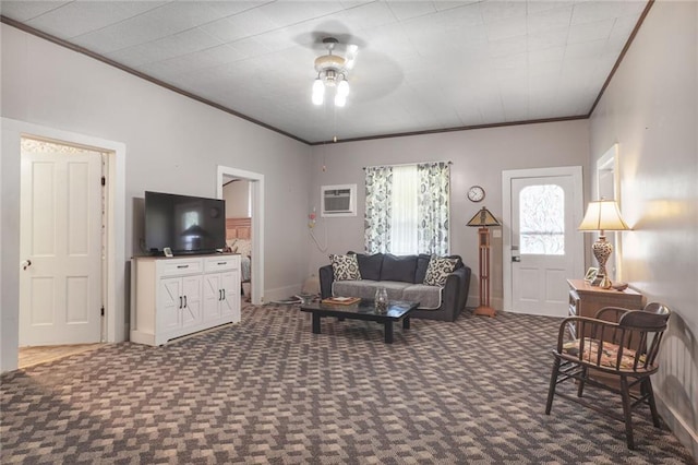 311 E Mary St, Yates Center, KS 66783 - carpeted living area featuring ceiling fan, crown molding, and a wall unit AC