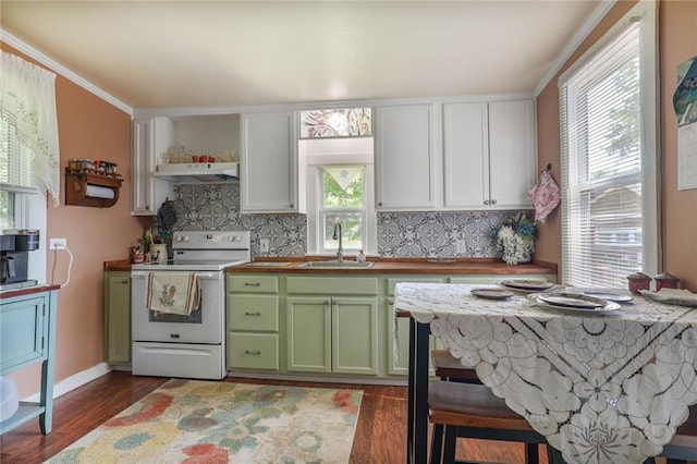 311 E Mary St, Yates Center, KS 66783 - kitchen featuring electric stove, green cabinetry, under cabinet range hood, healthy amount of natural light, and crown molding