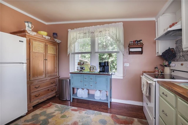 311 E Mary St, Yates Center, KS 66783 - kitchen featuring white appliances, dark wood-style flooring, ornamental molding, butcher block counters, and wall chimney range hood