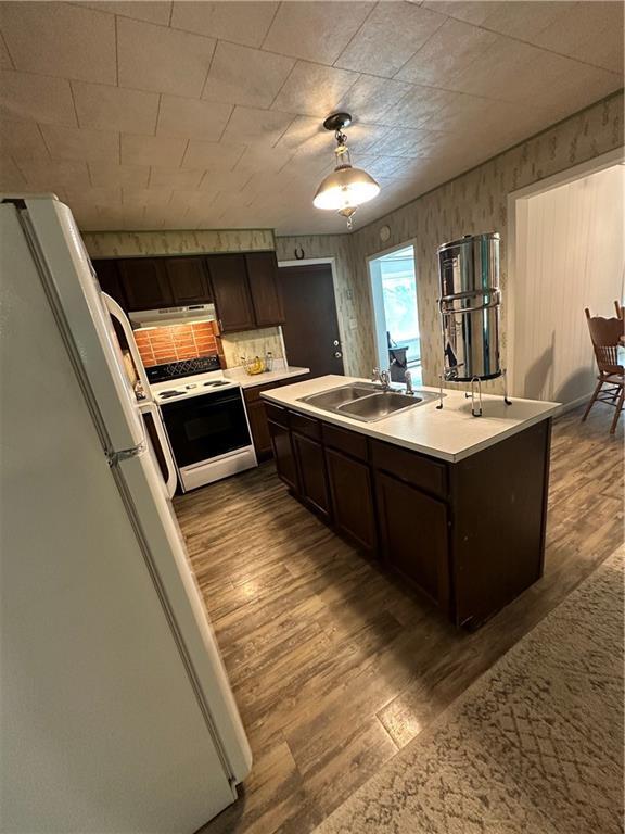 317 Chrissenger St, Burlington Junction, MO 64428 - kitchen with white appliances, dark brown cabinets, wood finished floors, under cabinet range hood, and light countertops