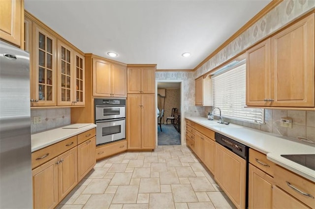 5211 W 79th Ter, Prairie Village, KS 66208 - kitchen with stainless steel appliances, wallpapered walls, ornamental molding, light countertops, and decorative backsplash